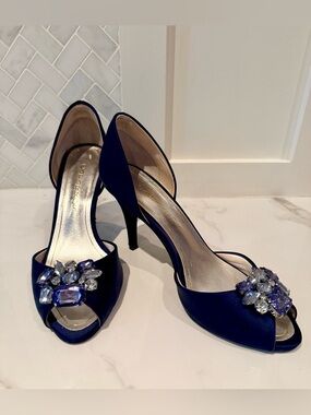 Caparros Blue Satin Heels with Rhinestone Brooch, Size 7.5